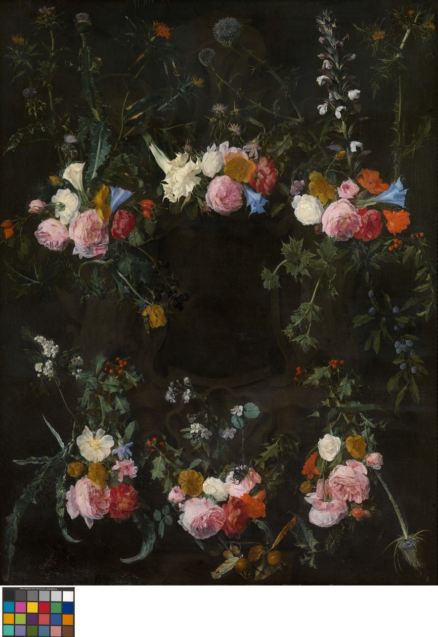 Cartiglio scolpito e ornato da ghirlande di fiori da Daniel Seghers