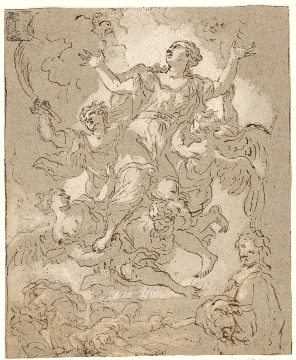 Santa Rosalia in gloria con figure morenti e correnti e un uomo a mezzo busto sotto da Daniel Seiter