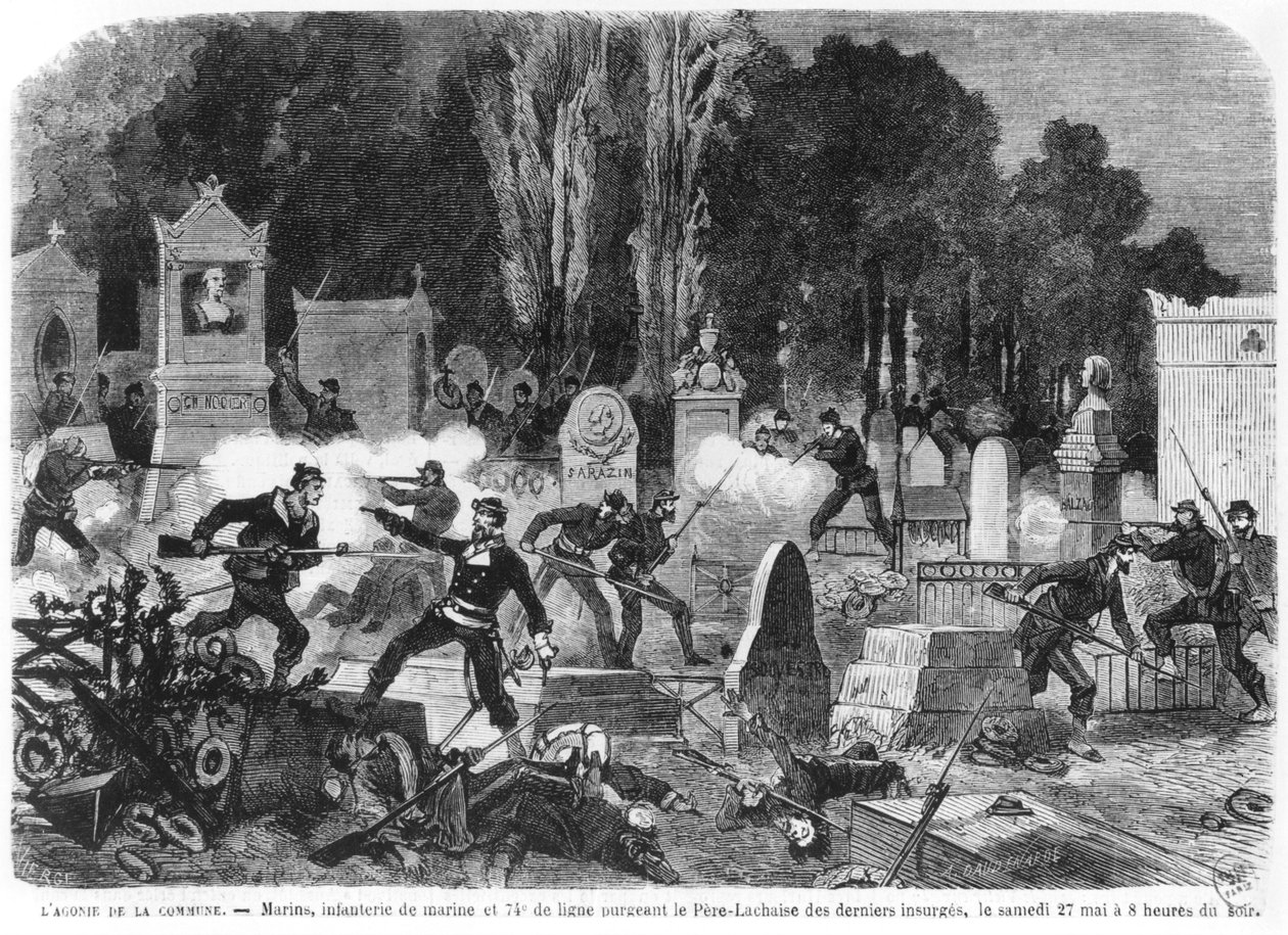 Agonia della Comune, ultimi combattimenti nel Cimitero di Père Lachaise, inciso da Louis Joseph Amedee Daudenarde, illustrazione da 