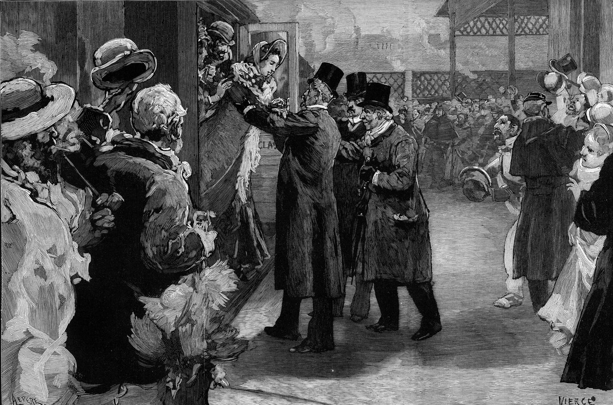 Louise Michel tornata in Francia (1830-1905) dopo la sua deportazione per la sua partecipazione alla Comune di Parigi. Fu accolta alla stazione di Saint-Lazare da Henri Rochefort (1831-1913), Louis Blanc (1811-1882) e Georges Clemenceau (1841-1929). da Daniel Urrabieta Vierge