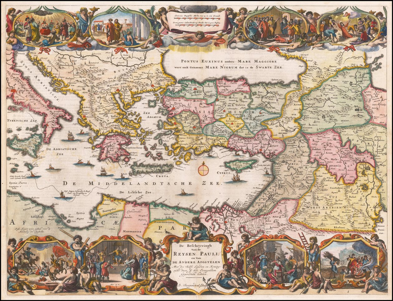 Mappa olandese del Mediterraneo orientale del 1695 che mostra i viaggi di San Paolo da Daniël Stopendaal