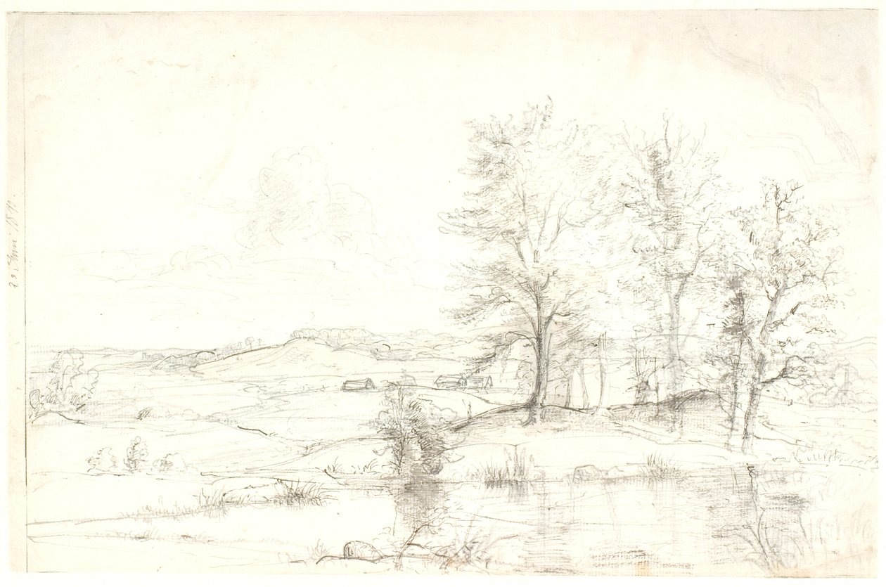 Vista su un paesaggio boscoso collinare. In primo piano un lago da Dankvart Dreyer