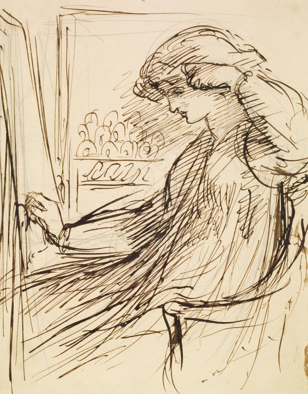 Donna seduta a un telaio da ricamo o cavalletto da Dante Gabriel Charles Rossetti