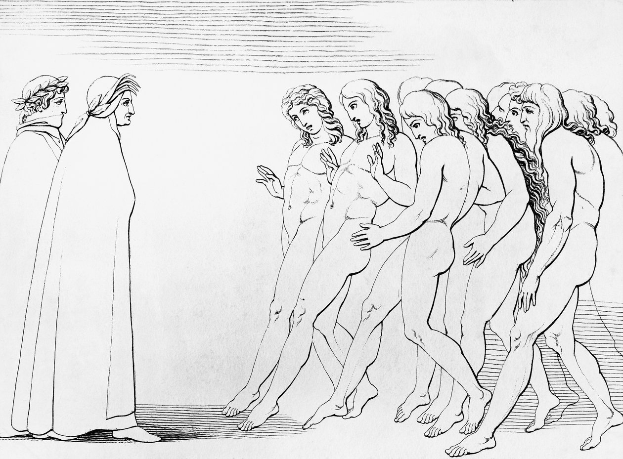 Le anime si spaventano vedendo che Dante è vivo, illustrazione per il 3° canto del Purgatorio, Divina Commedia, poema allegorico di Dante Alighieri da Dante Alighieri