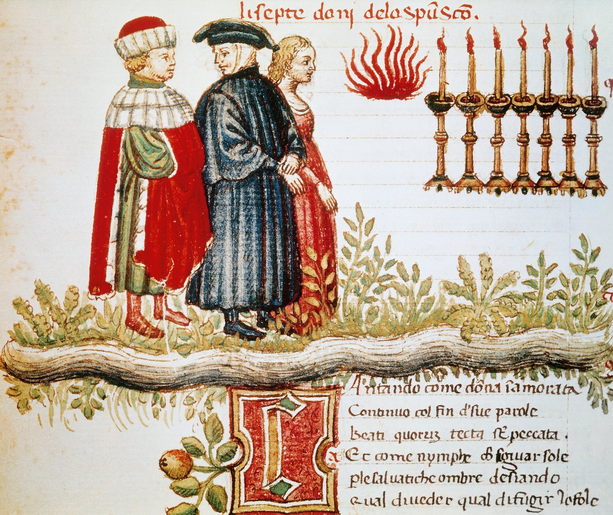 Virgilio, Dante e Matelda, Purgatorio, Canto XXIX, pagina illuminata dalla Divina Commedia, di Dante Alighieri da Dante Alighieri