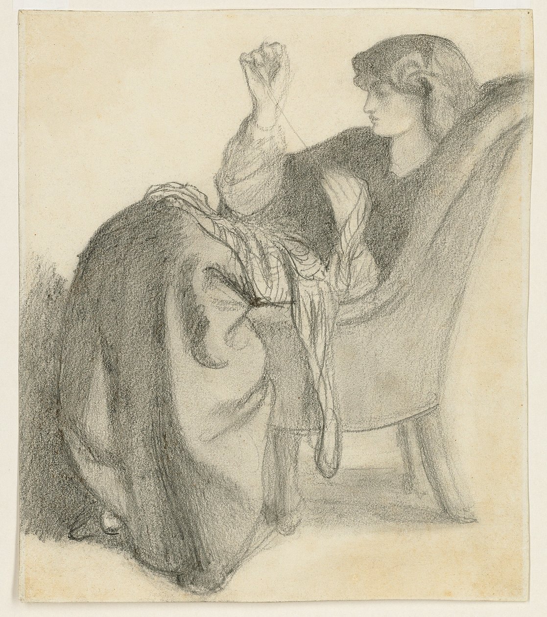 Lachesis: Studio di Jane Morris seduta su una sedia a cucire, 1860s da Dante Gabriel Charles Rossetti