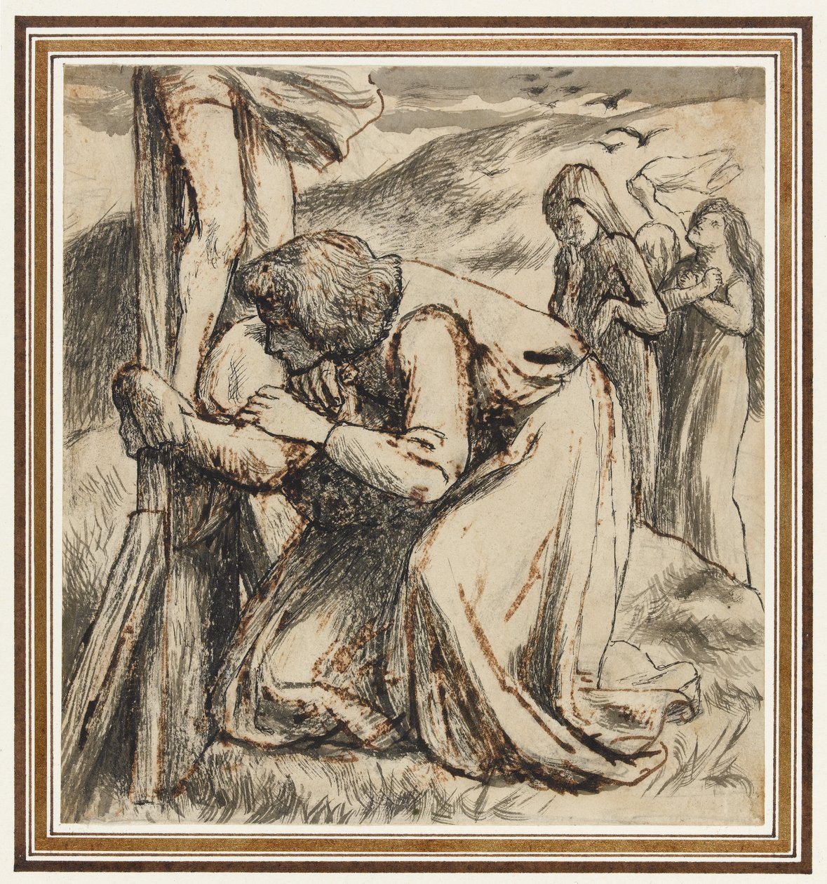 San Giovanni che conforta la Vergine ai piedi della croce, 1857-58 circa (penna, inchiostro di china e lavaggio seppia su carta) da Dante Gabriel Charles Rossetti