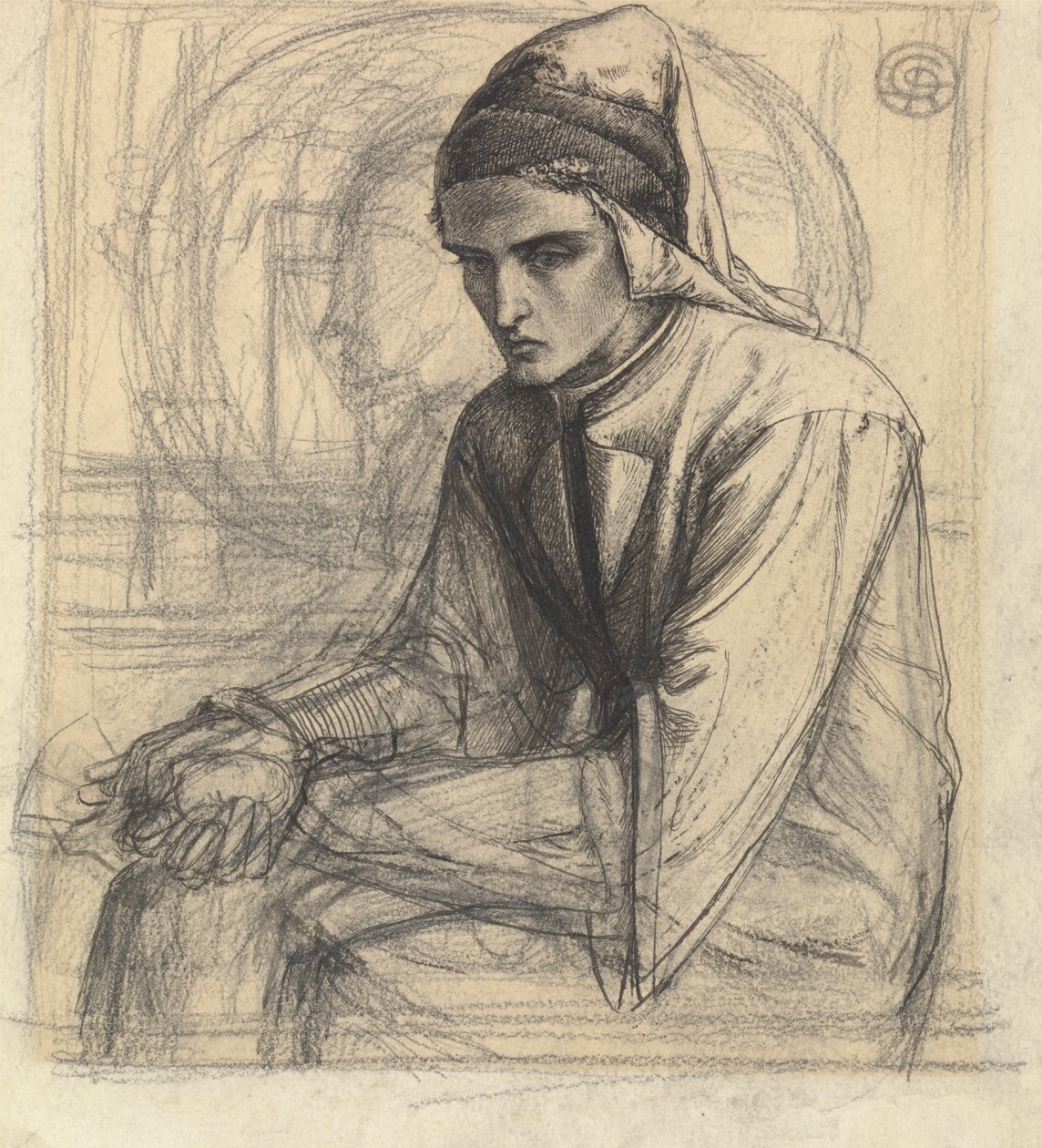 Dante in meditazione con un melograno da Dante Gabriel Rossetti