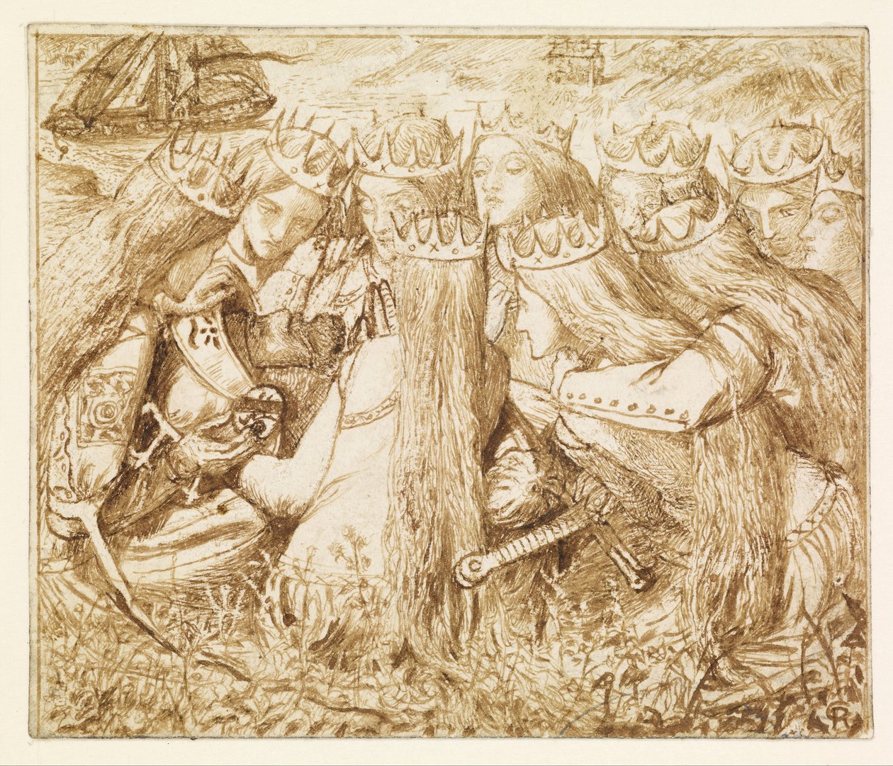 Design per “Tennyson” di Moxon – Re Artù e le regine piangenti da Dante Gabriel Rossetti
