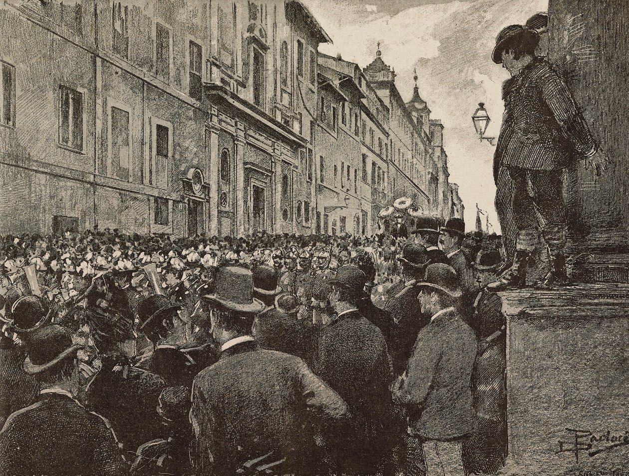Funerale di Agostino Bertani (1812-1886), patriota e politico italiano, Roma, Italia, disegno di Dante Paolocci, incisione da L