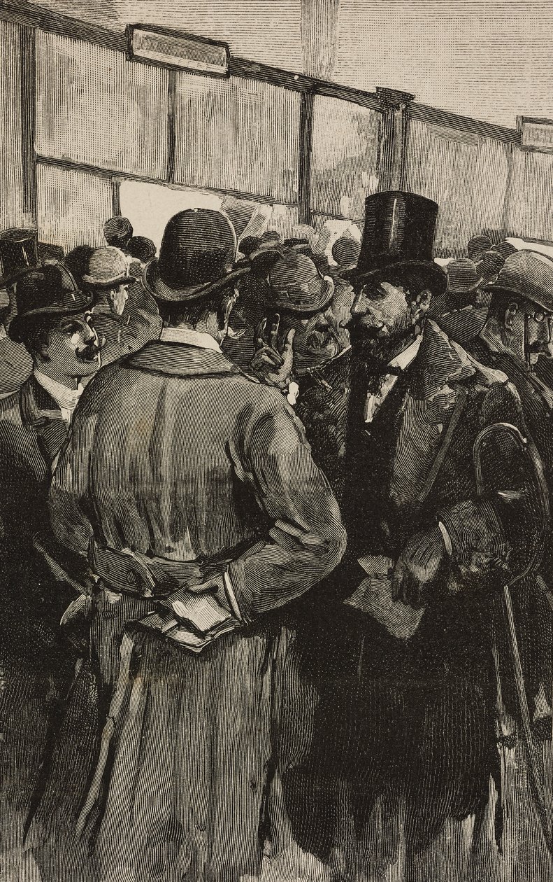 Sportelli bancari durante lo scandalo della Banca Romana, Roma, Italia, incisione da un disegno di Dante Paolocci, da L