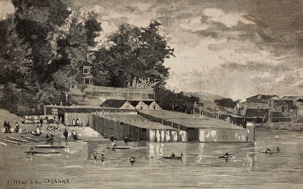 Stabilimento balneare, bagni pubblici del Tevere a Roma, Italia, incisione da un disegno di Dante Paolocci, da L
