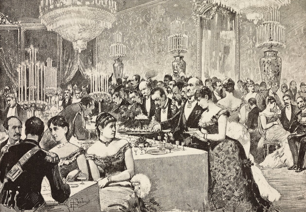 Sala del buffet, ballo di corte al Quirinale, Roma, Italia, incisione da un disegno di Dante Paolocci, da L