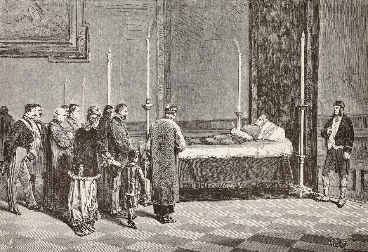 Il corpo del cardinale Giacomo Antonelli esposto in una delle stanze del Vaticano, incisione da un disegno di Dante Paolocci, da L