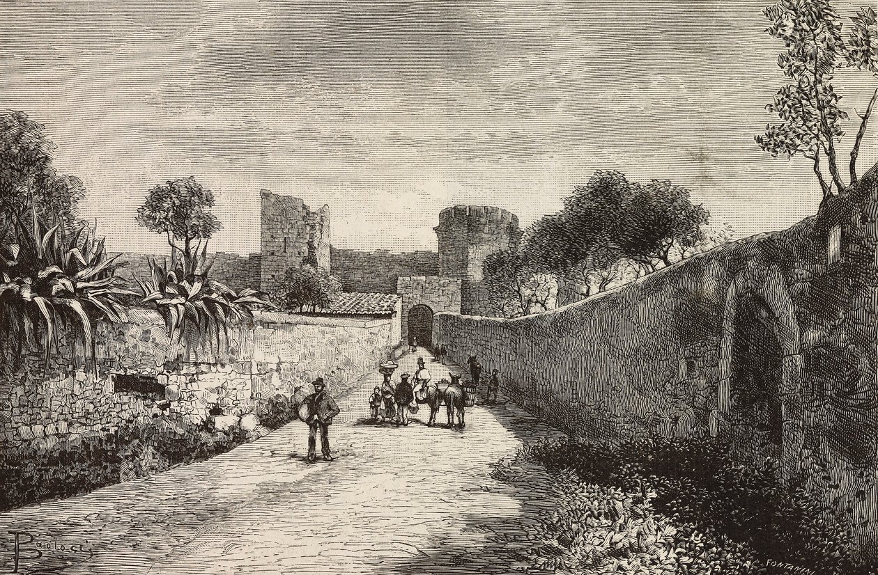 Porta del Castello, Corneto Tarquinia, Italia, incisione da un disegno di Dante Paolocci, da L