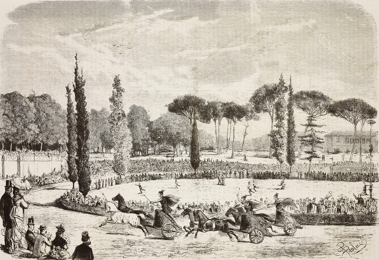 Corse di carri a Villa Borghese, Roma, Italia, incisione da un disegno di Dante Paolocci, da L