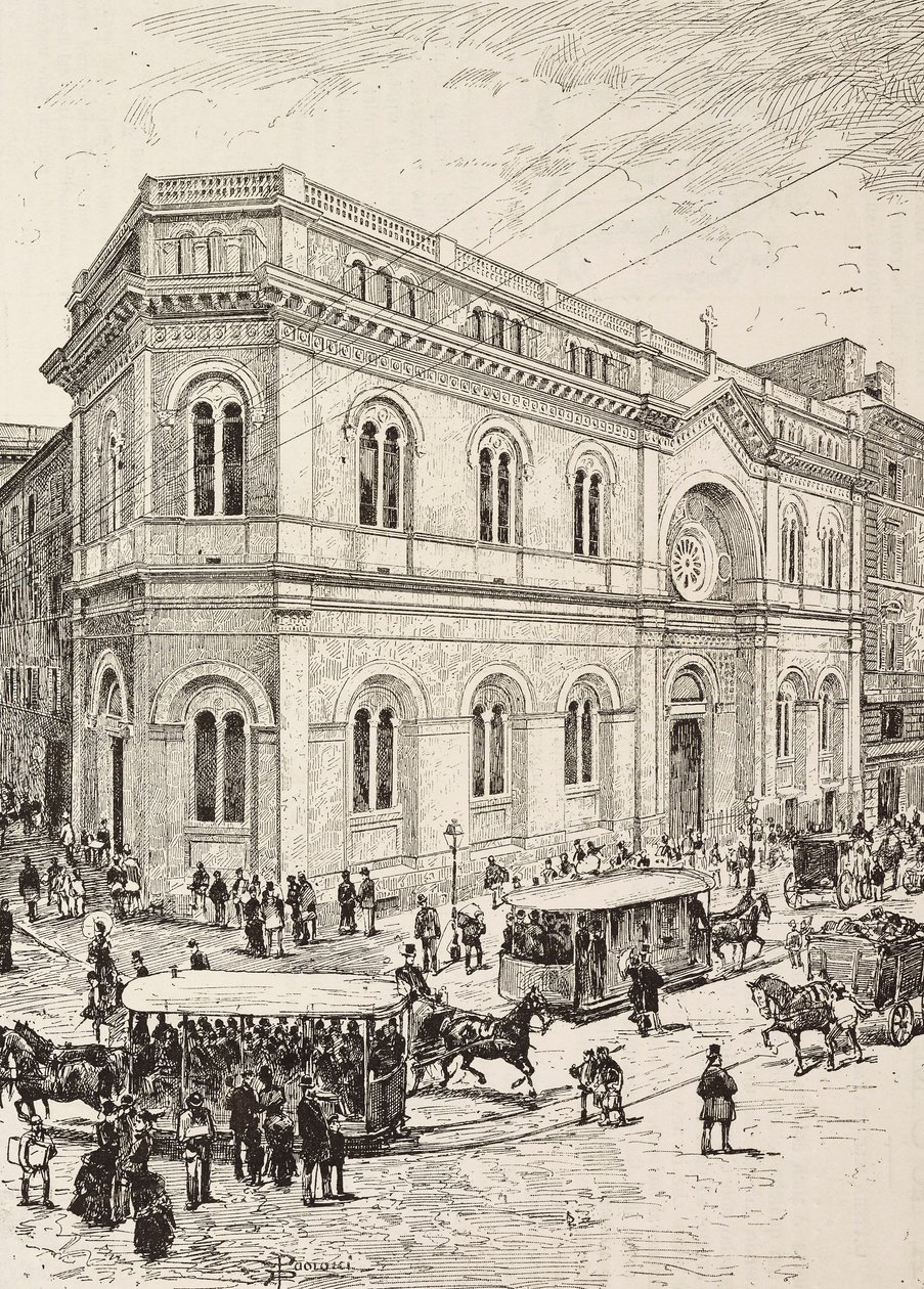 Chiesa evangelica in Via Nazionale, Roma, Italia, incisione da un disegno di Dante Paolocci, da L