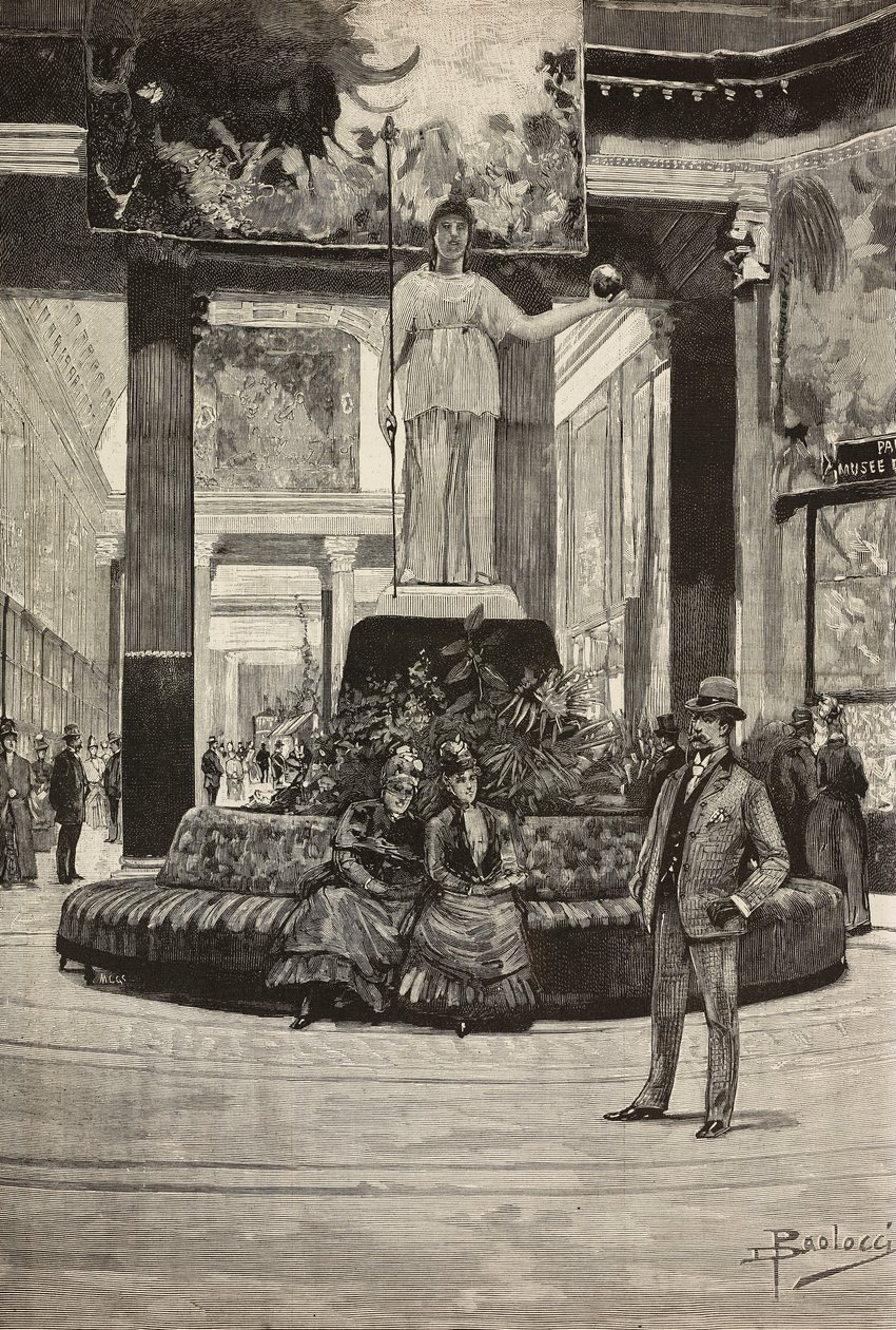 Esposizione di tessuti e merletti, Rotonda e Galleria dei Tessuti, Roma, Italia, incisione da un disegno di Dante Paolocci, da L