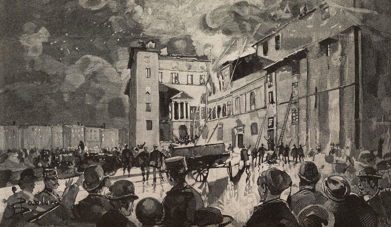 Incendio delle scuole israeliane del 1893, Roma, Italia, incisione dopo un disegno di Dante Paolocci, da L