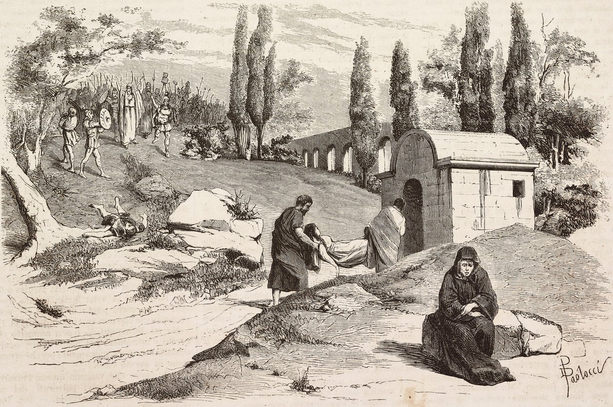 Nel campo nefasto, Roma Vaincue di Alexandre Parodi, Atto V, incisione di Dante Paolocci da schizzi di Zandomenico, da L