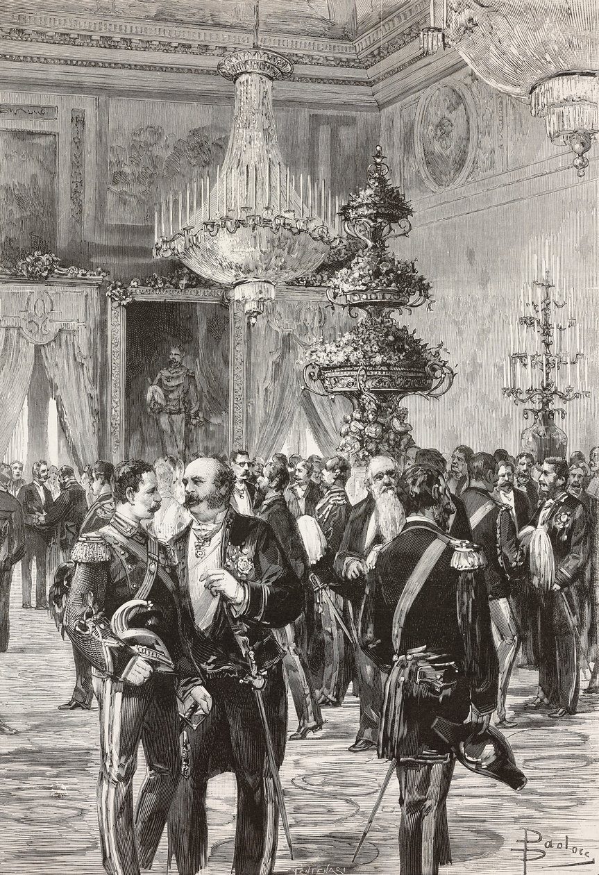 Politici e ufficiali italiani che celebrano la vigilia di Capodanno al Palazzo del Quirinale, Roma, Italia, incisione di Centenari da un disegno di Dante Paolocci, da L