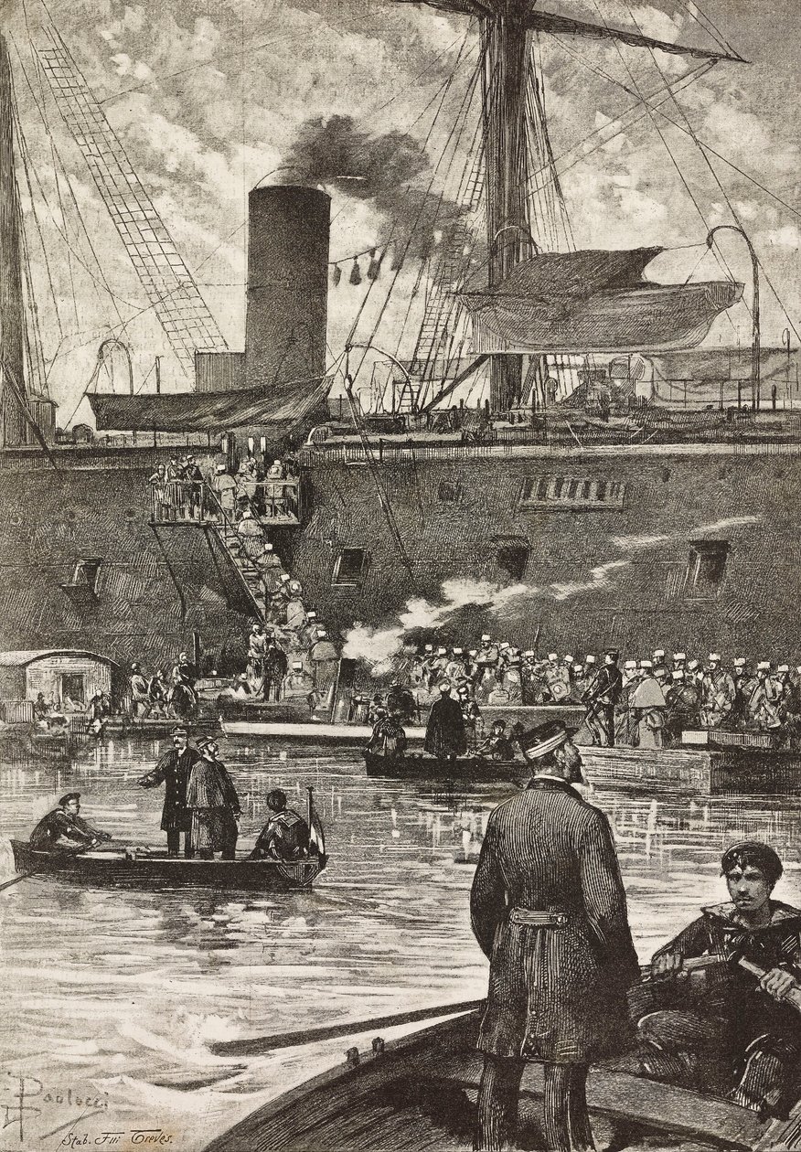 Soldati italiani che imbarcano sulla nave da battaglia Principe Amedeo, spedizione italiana nel Mar Rosso, Napoli, Italia, incisione da un disegno di Dante Paolocci, da L