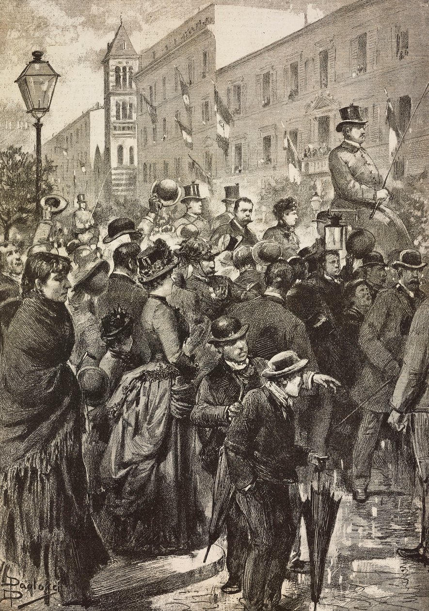 Re Umberto I e la regina Margherita di ritorno dalla loro visita a Napoli colpita dal colera, Roma, Italia, incisione da un disegno di Dante Paolocci, da L