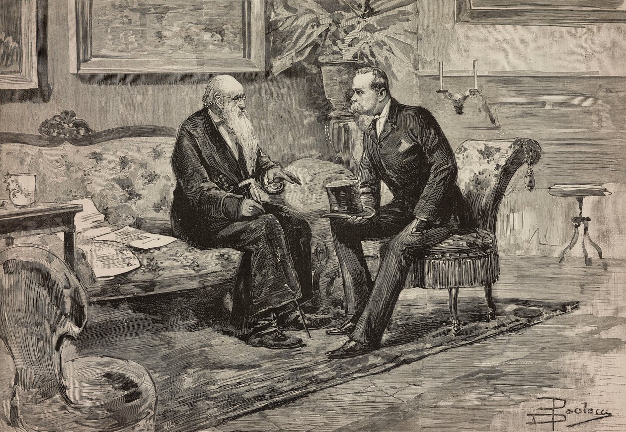 Re Umberto I di Savoia (1844-1900) e il Presidente del Consiglio Agostino de Pretis (1813-1887), incisione da disegno di Dante Paolocci, da L