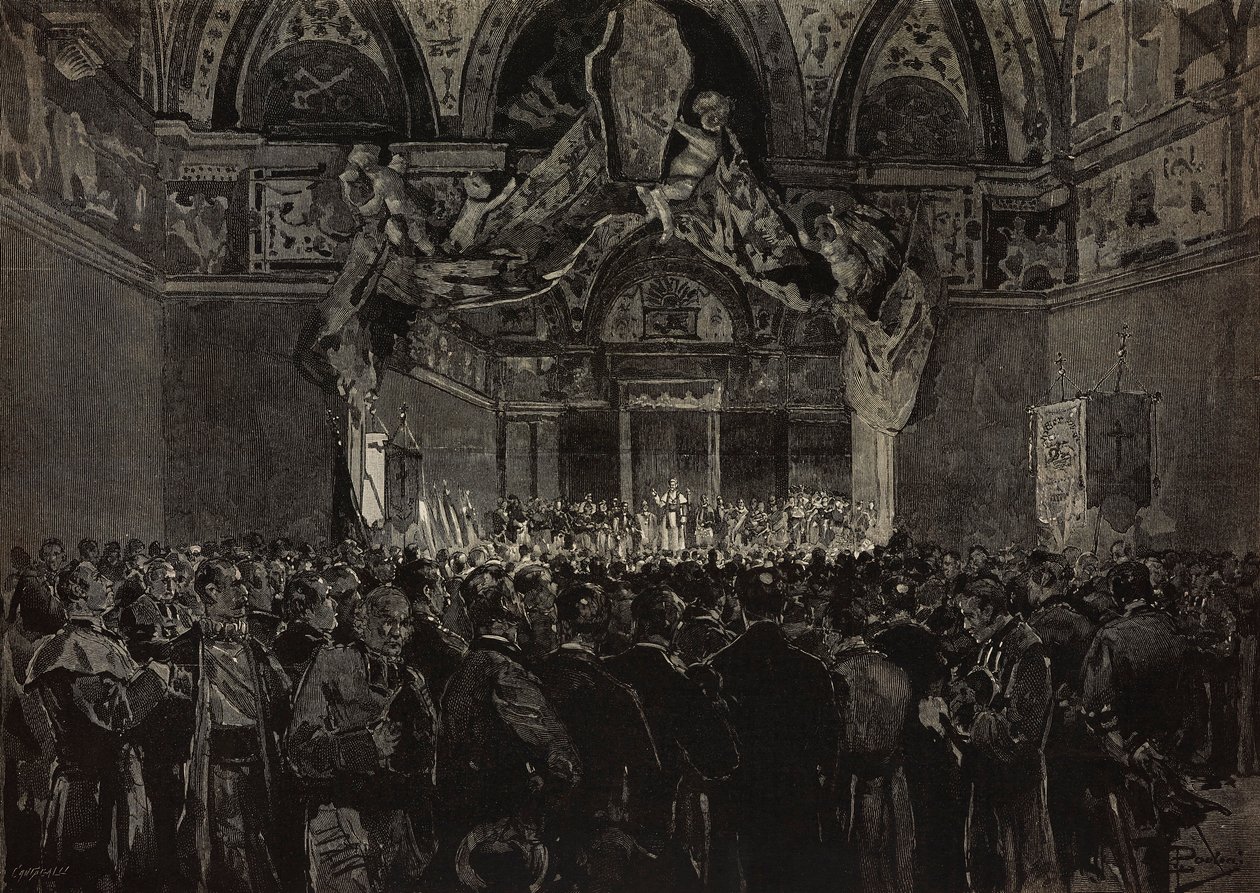 Leone XIII riceve i pellegrini francesi nella Sala Ducale, Giubileo Papale, Vaticano, incisione da disegno di Dante Paolocci, da L