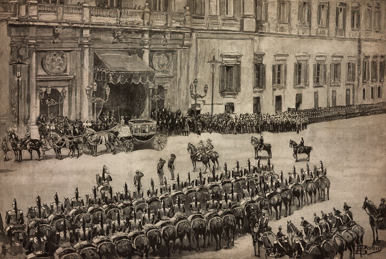 Apertura del Parlamento, arrivo del Re Umberto I a Montecitorio, Roma, Italia, incisione da un disegno di Dante Paolocci, L