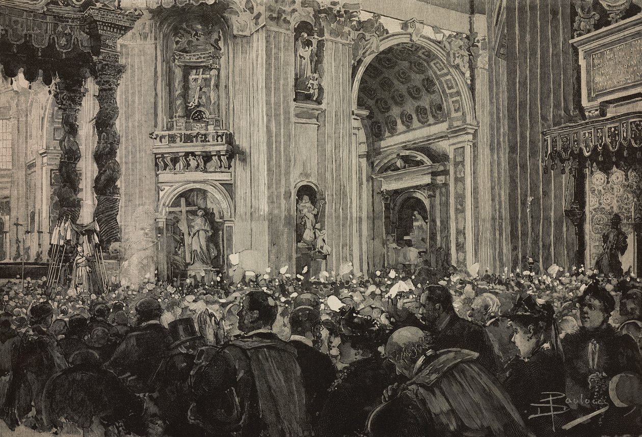 Benedizione papale in occasione del Giubileo Episcopale di Leone XIII, Basilica di San Pietro, Vaticano, incisione da un disegno di Dante Paolocci, da L