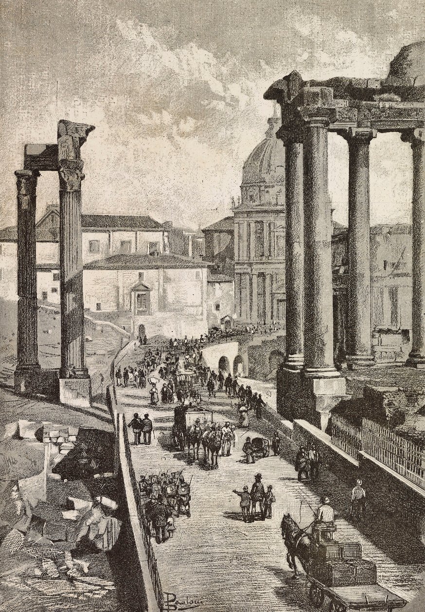 Passaggio attraverso il Foro, Roma, Italia, incisione da un disegno di Dante Paolocci, da L