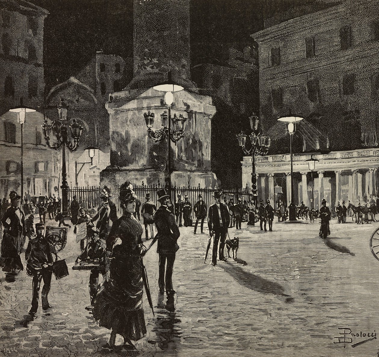 Piazza Colonna illuminata con luce elettrica, Roma, Italia, disegno di Dante Paolocci, incisione da L