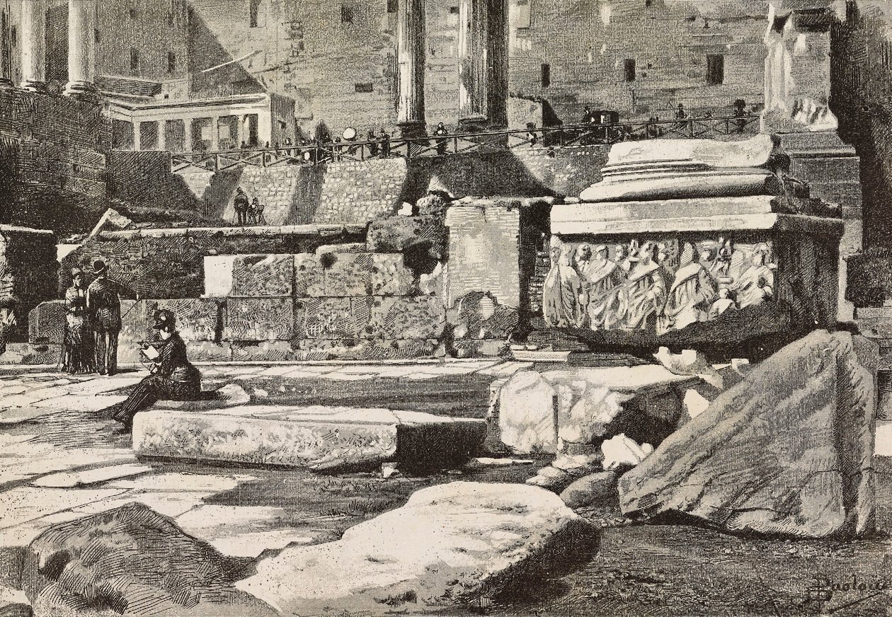 Piattaforme nel Foro Romano, Roma, Italia, incisione da un disegno di Dante Paolocci, da L