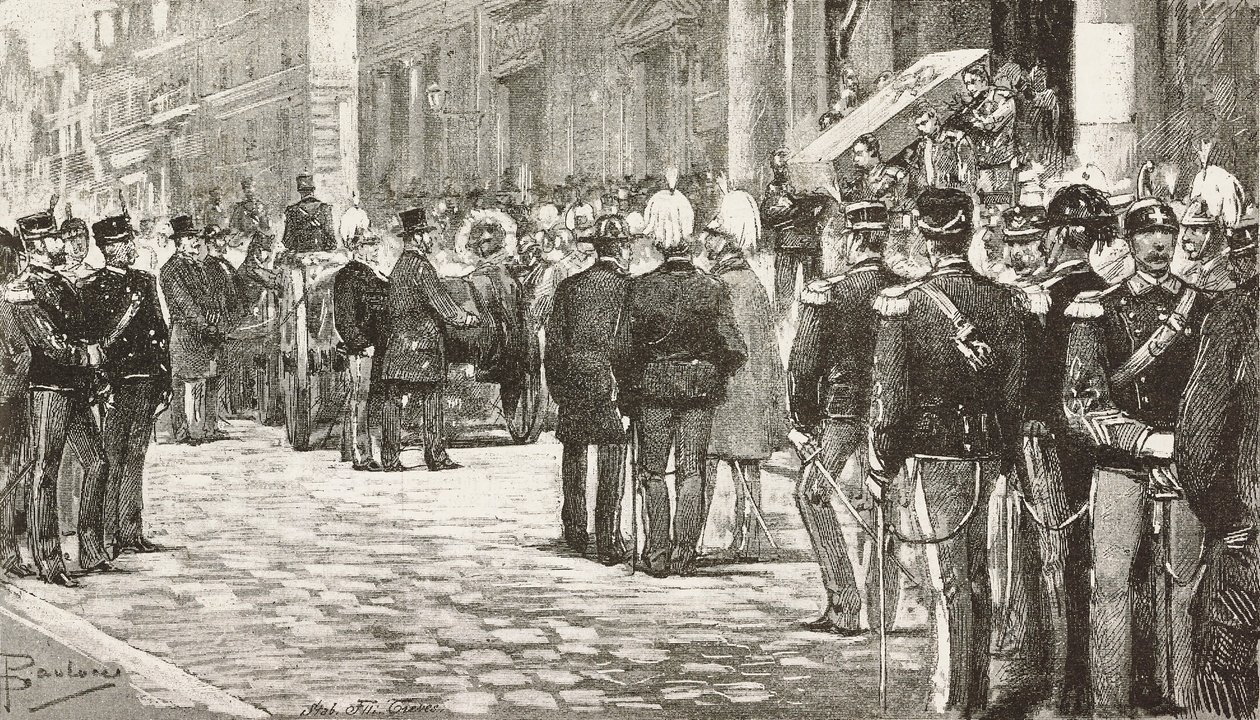 Politici e ufficiali che partecipano al corteo funebre di Luigi Mezzacapo (1814-1885), politico e ufficiale italiano, Roma, Italia, incisione da un disegno di Dante Paolocci, da L