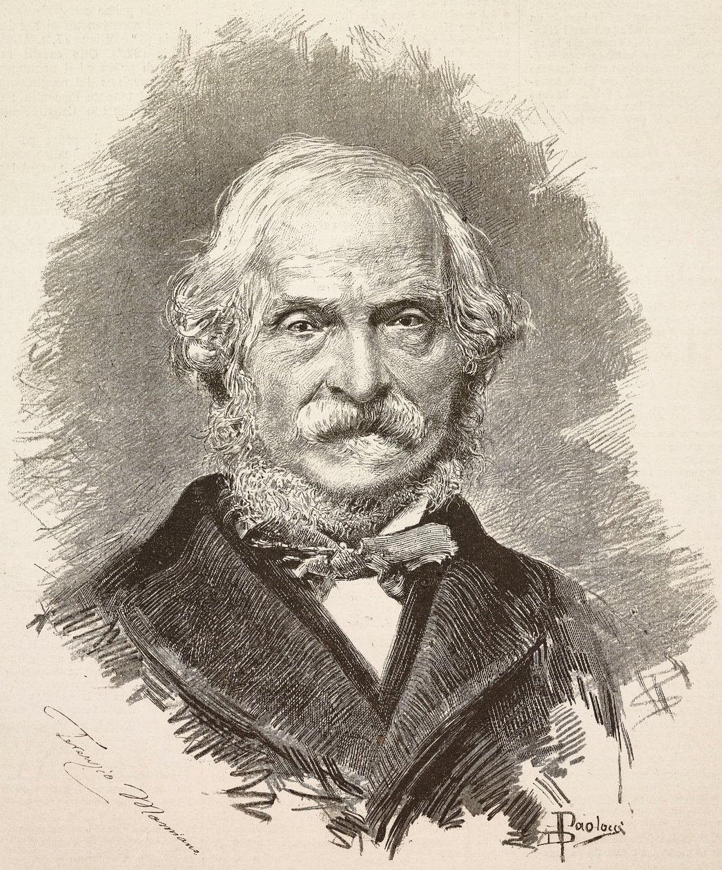 Ritratto di Terenzio Mamiani (1799-1885), politico e scrittore italiano, incisione da un disegno di Dante Paolocci e una fotografia di Della Valle, da L
