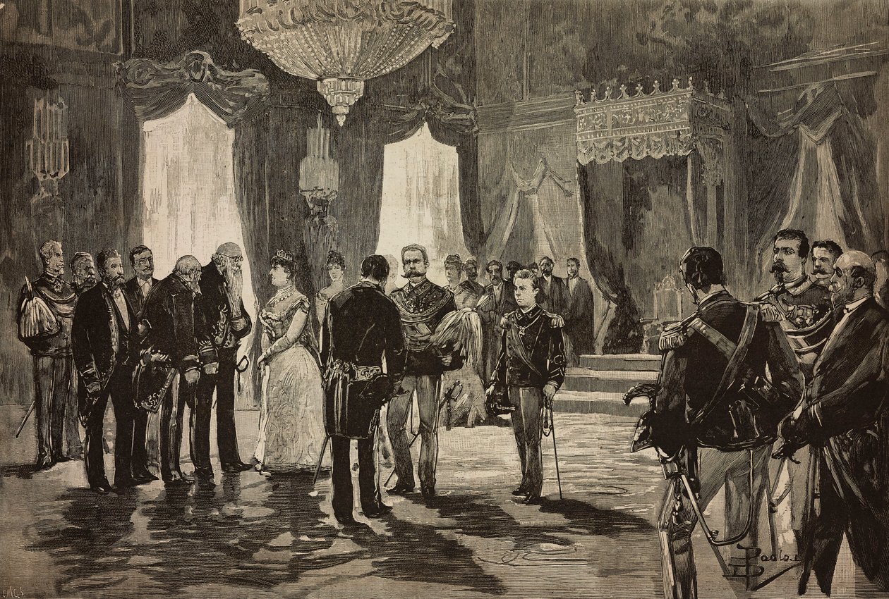 Principe di Napoli, Alfonso Maria Giuseppe Alberto di Borbone-Due Sicilie in uniforme da sottotenente, alla ricezione di Capodanno al Quirinale, Italia, incisione da un disegno di Dante Paolocci, da L