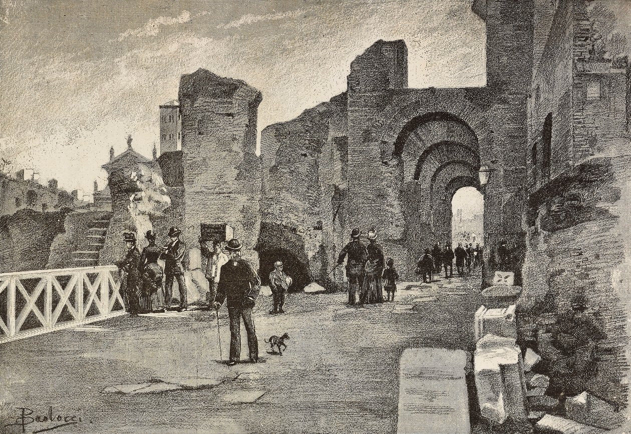 Passeggiata pubblica (Summa Nova Via) nel Palazzo dei Cesari, Roma, Italia, incisione da un disegno di Dante Paolocci, da L