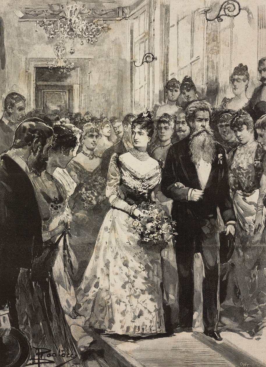 Regina Margherita di Savoia alla festa del Circolo Artistico di Roma, accompagnata dallo scultore Giulio Monteverde, Italia, incisione da un disegno di Dante Paolocci, da L