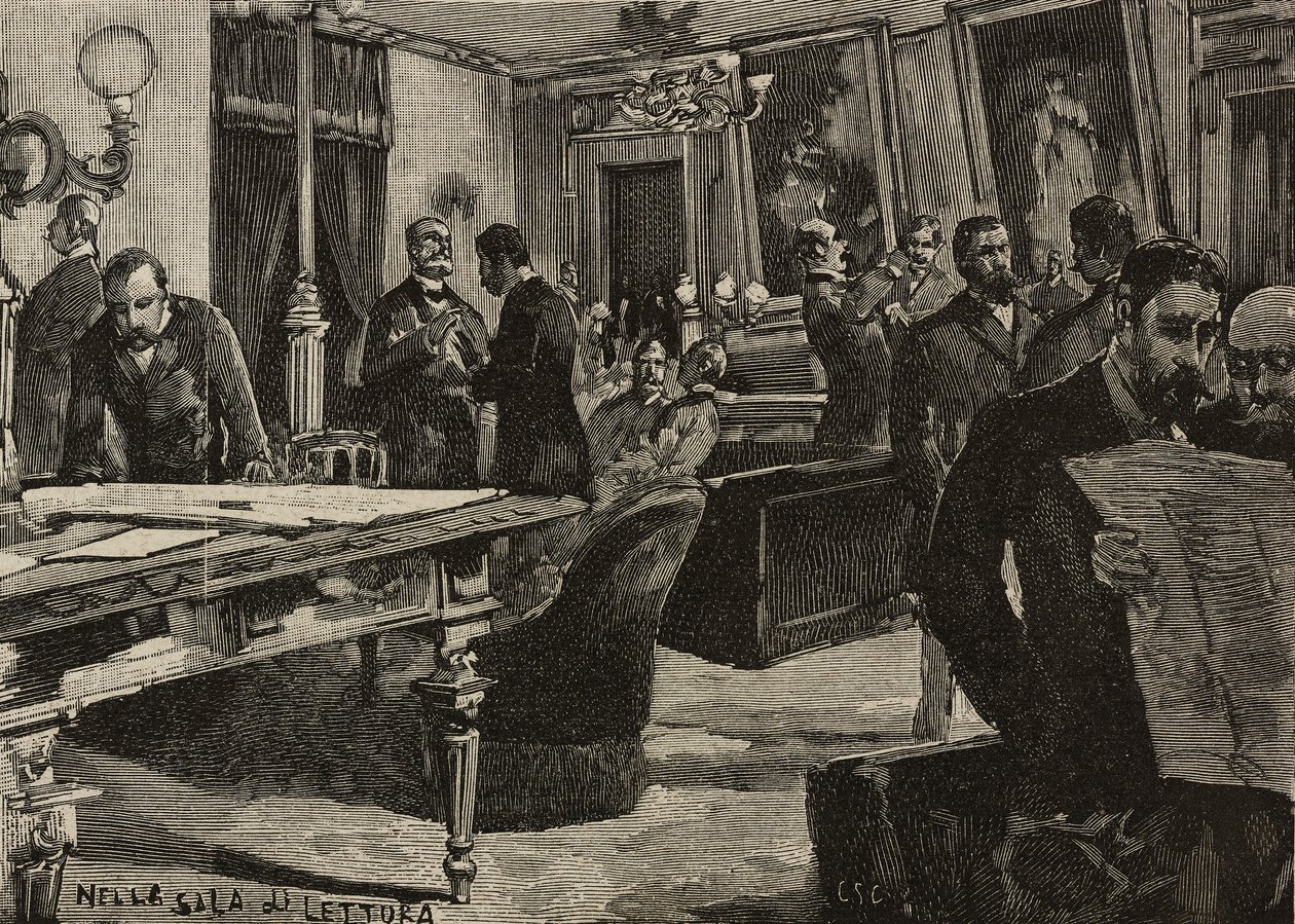 Sala di lettura a Palazzo Montecitorio, Roma, Italia, incisione da un disegno di Dante Paolocci, da L