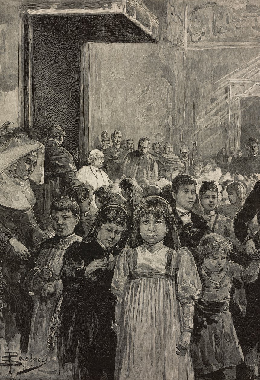 Accoglienza dei bambini alle celebrazioni del giubileo di Papa Leone XIII, Vaticano, incisione da un disegno di Dante Paolocci, da L
