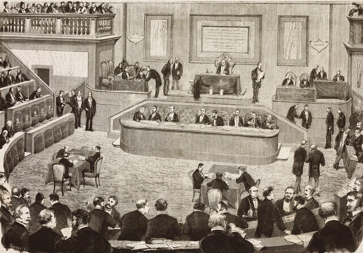 Seduta del 26 luglio del Senato Italiano, Roma, Italia, incisione da un disegno di Dante Paolocci, da L