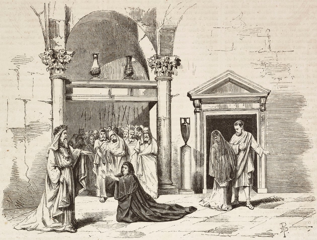 Gabinetto del Sommo Pontefice nel palazzo, Postumia che implora Fabio Massimo, Roma Vaincue di Alexandre Parodi, Atto V, incisione di Dante Paolocci da schizzi di Zandomenico, da L
