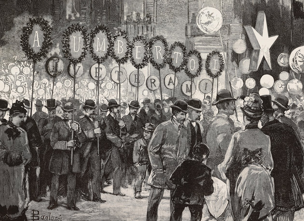 Fiaccolata in onore del re Umberto I la sera del 1 dicembre, Roma, Italia, incisione da un disegno di Dante Paolocci, da L