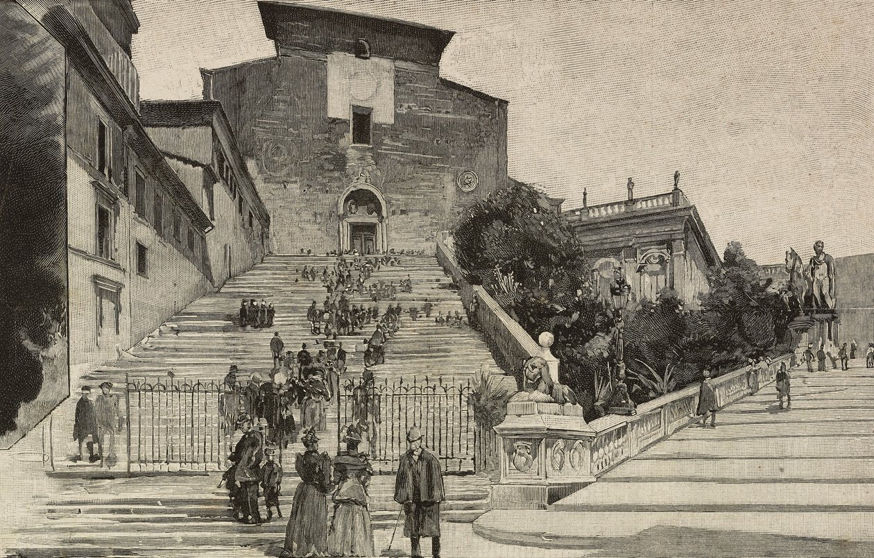 Veduta della Basilica di Santa Maria in Aracoeli, Roma, Italia, incisione dopo un disegno di Dante Paolocci, da L