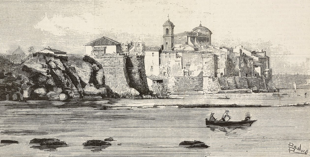 Veduta di Nettuno, Italia, incisione da un disegno di Dante Paolocci, da L