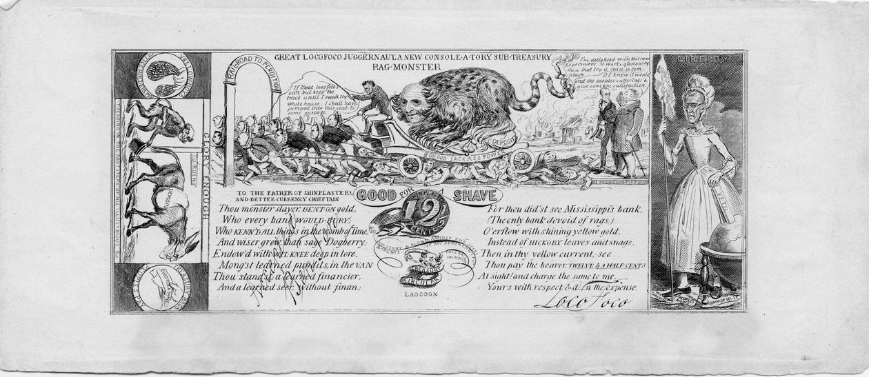 Grande juggernaut locofoco: un nuovo mostro di carta del sottotesoro console-a-tory, c.1837 (incisione in rame) da David Claypoole Johnston