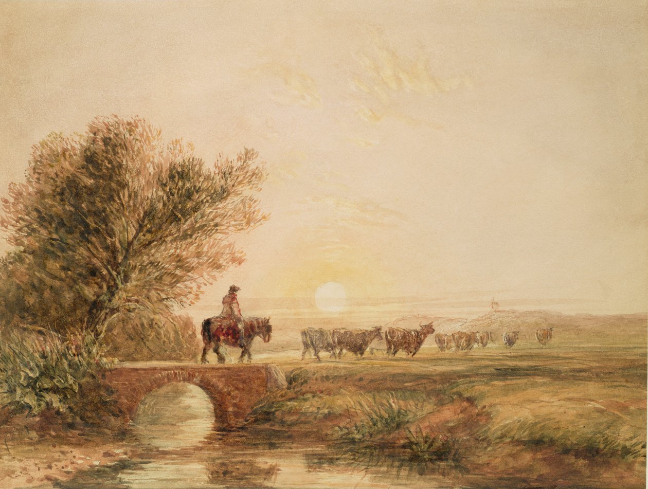 Un mandriano a cavallo con bestiame che attraversa un ponte al tramonto da David Cox