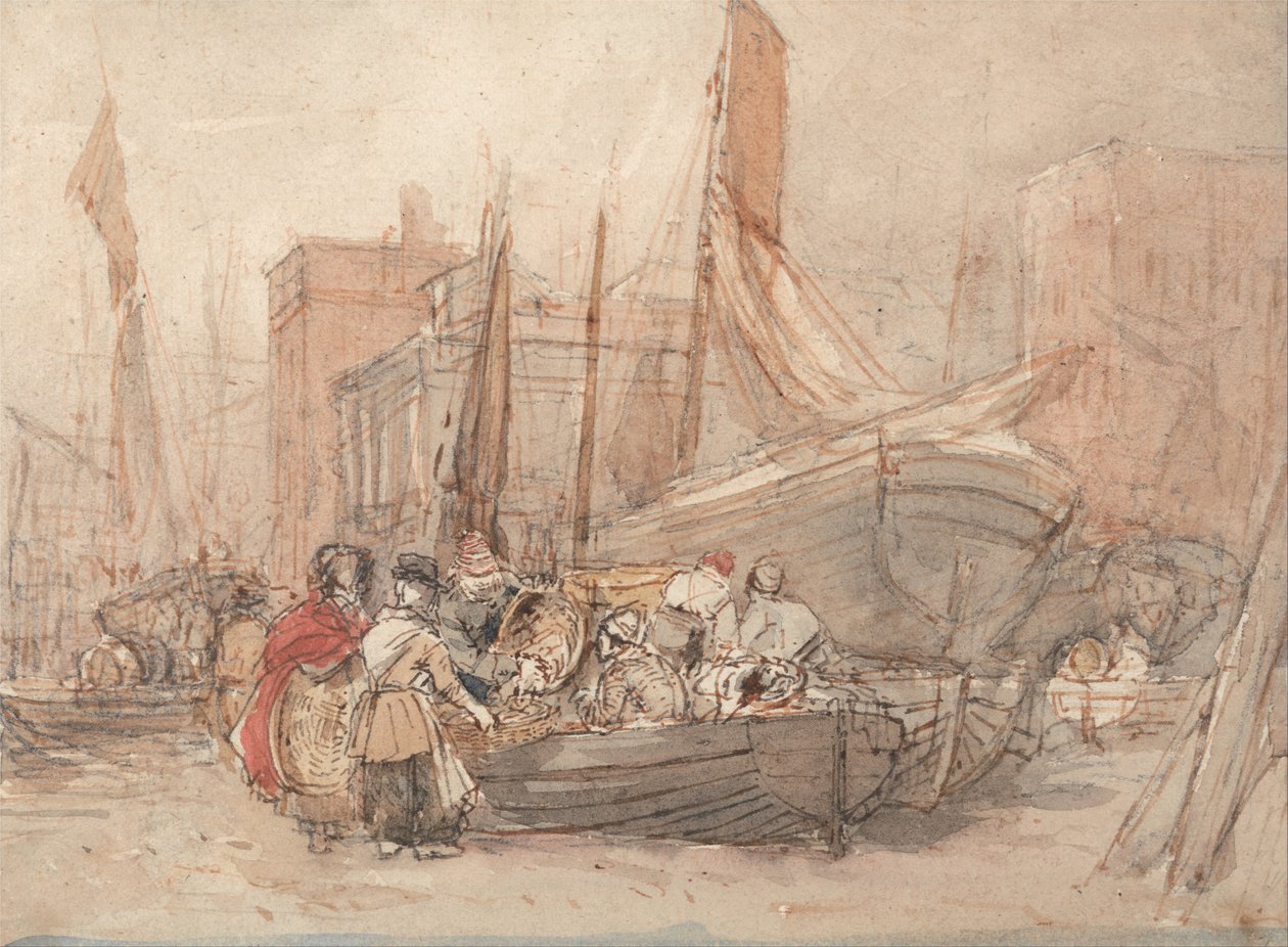 Scena del porto, con barche da pesca che vengono scaricate da David Cox