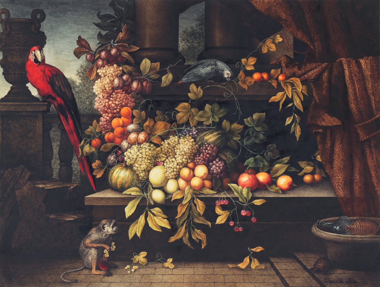 Natura morta con frutta, refrigeratore per vino, scimmia, pappagalli e una tartaruga in un portico da David Emil Joseph de Noter